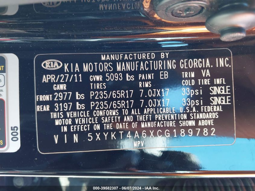 2012 Kia Sorento Lx VIN: 5XYKT4A6XCG189782 Lot: 39582307