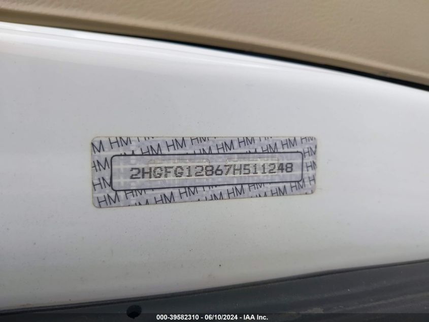 2007 Honda Civic Ex VIN: 2HGFG12867H511248 Lot: 39582310