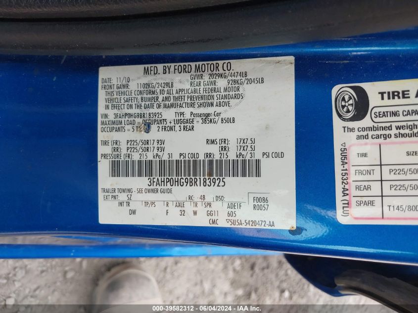 2011 Ford Fusion Se VIN: 3FAHP0HG9BR183925 Lot: 39582312