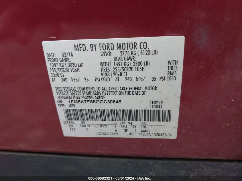 2016 Ford Explorer Limited VIN: 1FM5K7F86GGC30645 Lot: 39582321