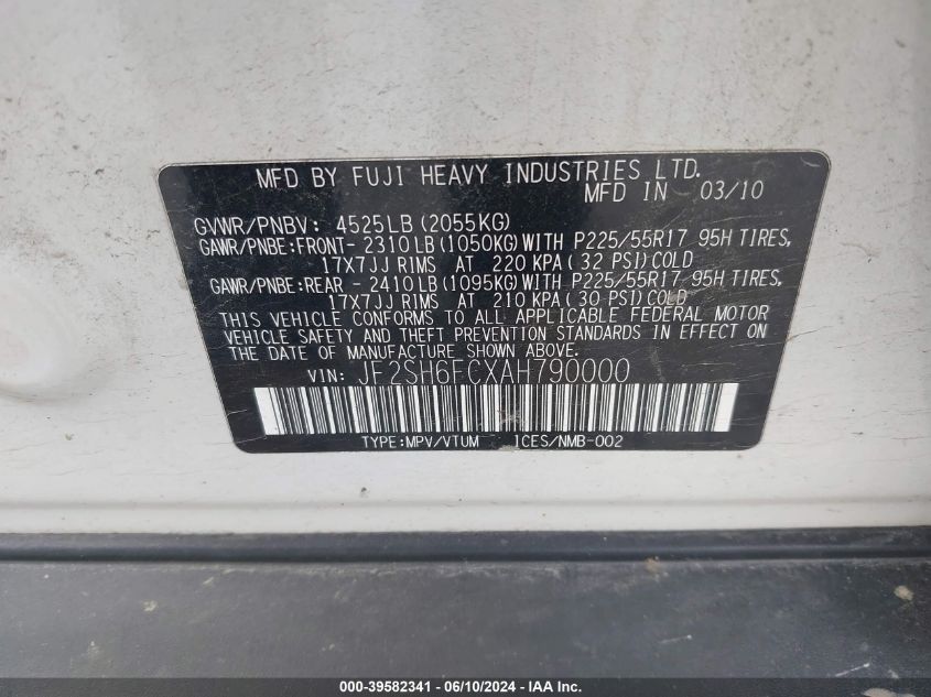 2010 Subaru Forester 2.5Xt Limited VIN: JF2SH6FCXAH790000 Lot: 39582341