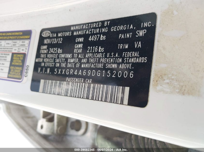 2013 Kia Optima Sx VIN: 5XXGR4A69DG152006 Lot: 39582345