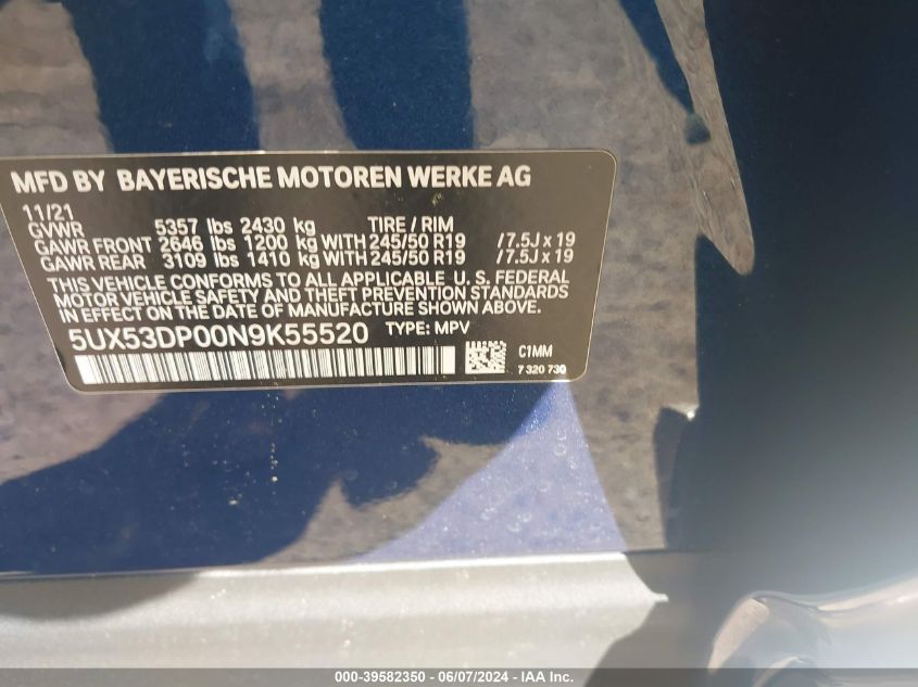 2022 BMW X3 xDrive30I VIN: 5UX53DP00N9K55520 Lot: 39582350