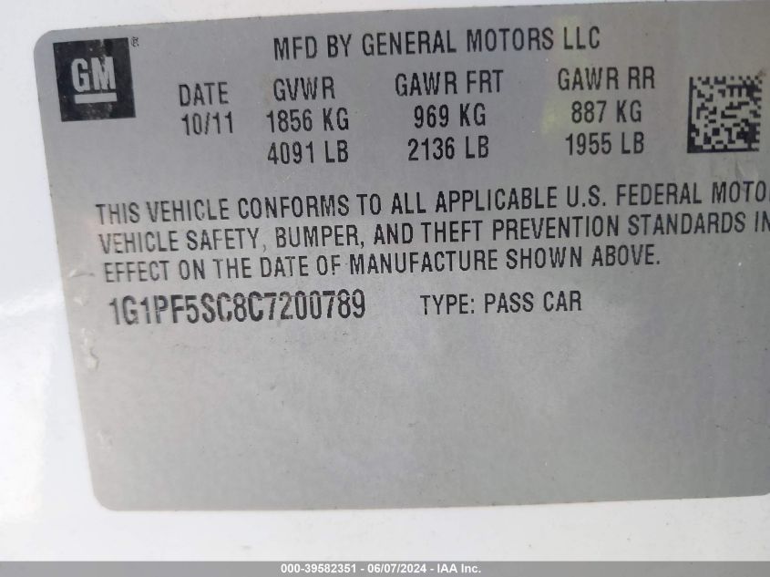 2012 Chevrolet Cruze 1Lt VIN: 1G1PF5SC8C7200789 Lot: 39582351