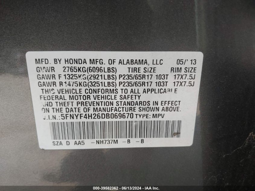 2013 Honda Pilot Lx VIN: 5FNYF4H26DB069670 Lot: 39582362