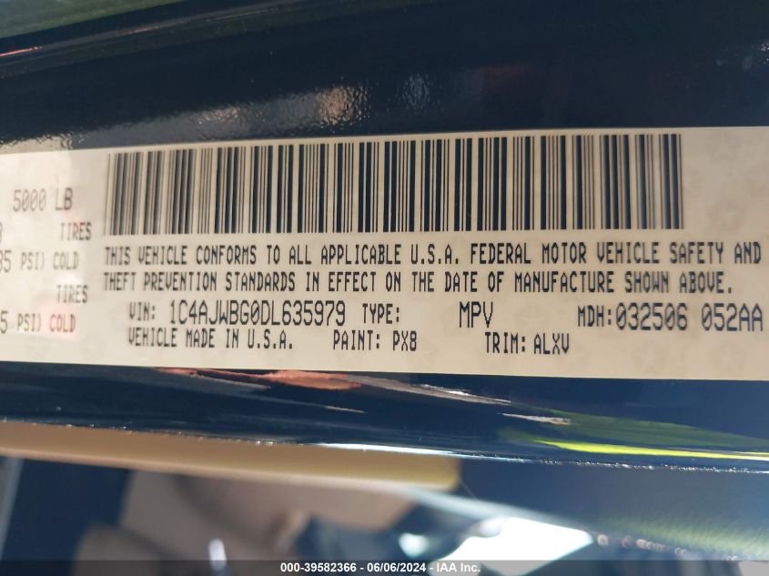 2013 Jeep Wrangler Sahara VIN: 1C4AJWBG0DL635979 Lot: 39582366