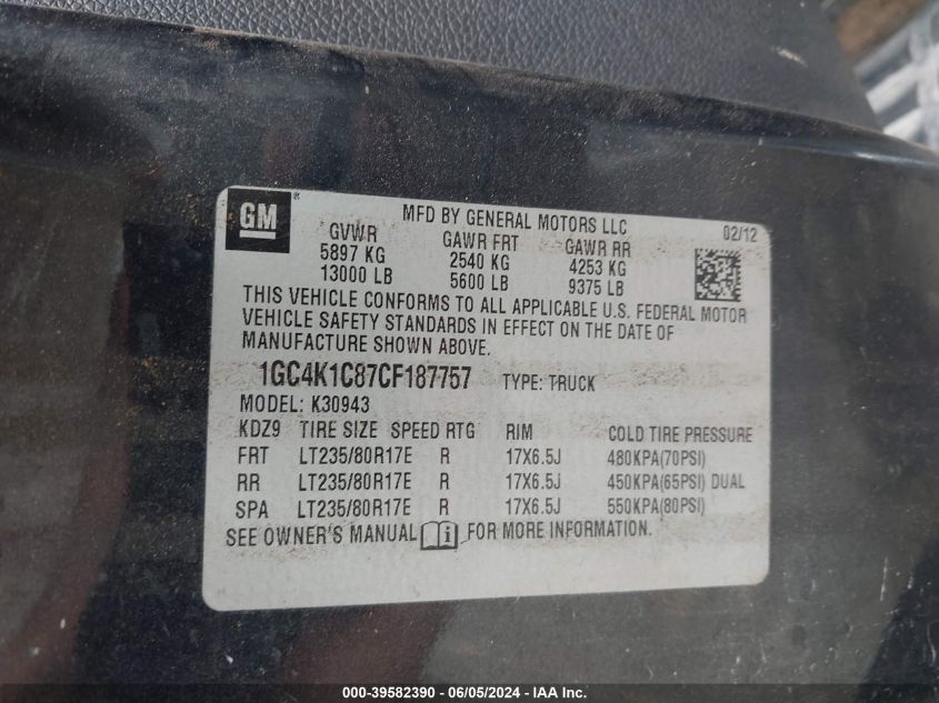 2012 Chevrolet Silverado 3500Hd Ltz VIN: 1GC4K1C87CF187757 Lot: 39582390