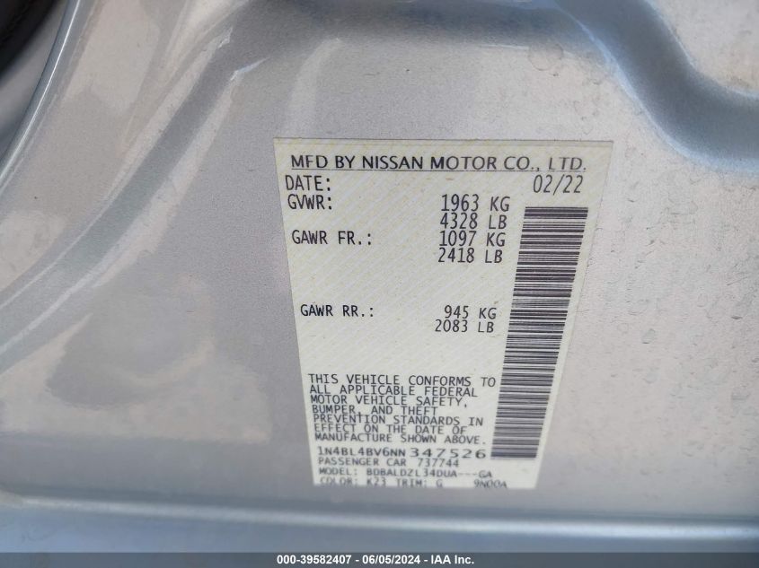 2022 Nissan Altima S Fwd VIN: 1N4BL4BV6NN347526 Lot: 39582407