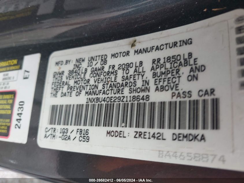 2009 Toyota Corolla VIN: 1NXBU40E29Z118648 Lot: 39582412