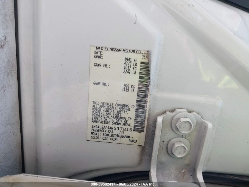 2010 Nissan Altima S VIN: 1N4AL2AP4AN517816 Lot: 39582417