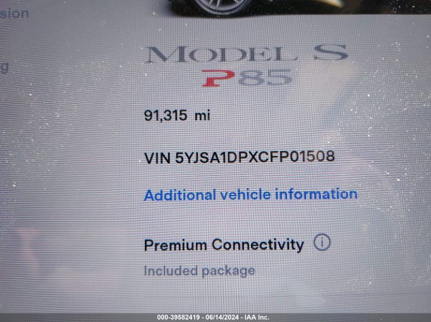 2012 Tesla Model S Performance/Signature Performance VIN: 5YJSA1DPXCFP01508 Lot: 39582419