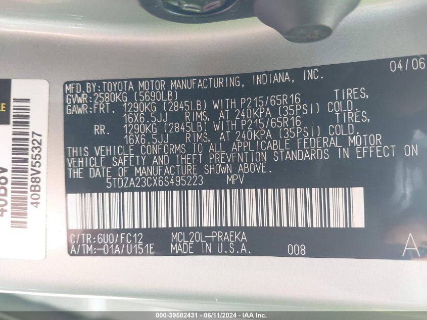 2006 Toyota Sienna Le VIN: 5TDZA23CX6S495223 Lot: 39582431