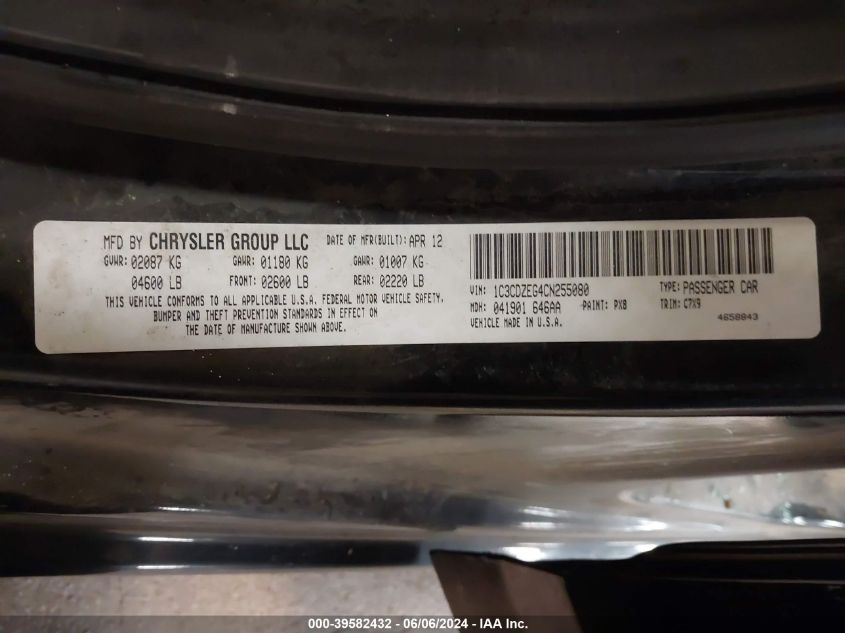 2012 Dodge Avenger Sxt Plus VIN: 1C3CDZEG4CN255080 Lot: 39582432