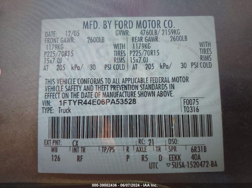 2006 Ford Ranger Sport/Stx/Xlt VIN: 1FTYR44E06PA53528 Lot: 39582436