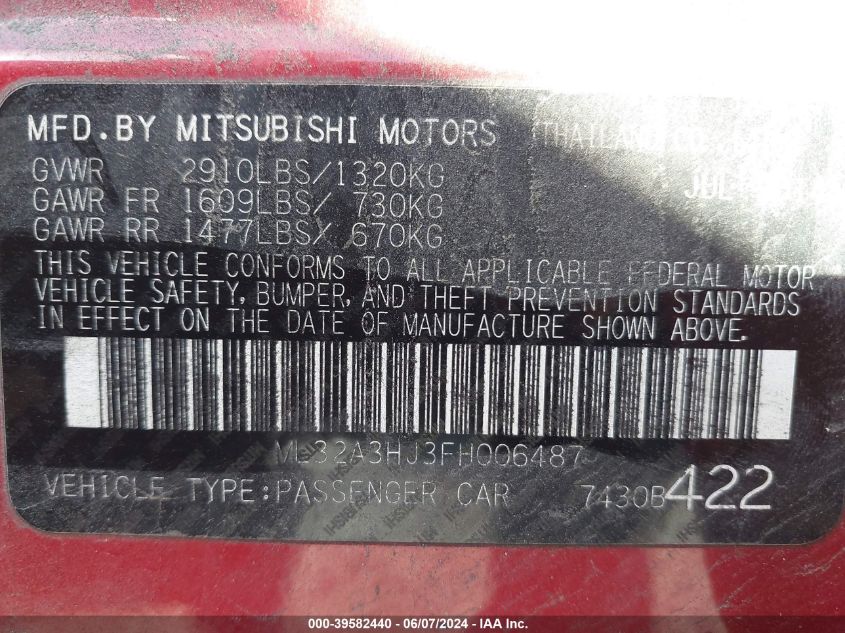 2015 Mitsubishi Mirage De/Rf VIN: ML32A3HJ3FH006487 Lot: 39582440