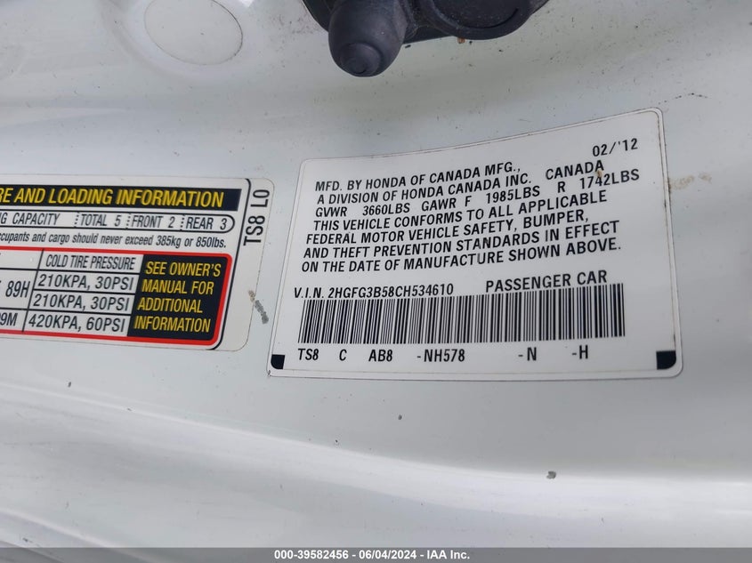 2012 Honda Civic Lx VIN: 2HGFG3B58CH534610 Lot: 39582456