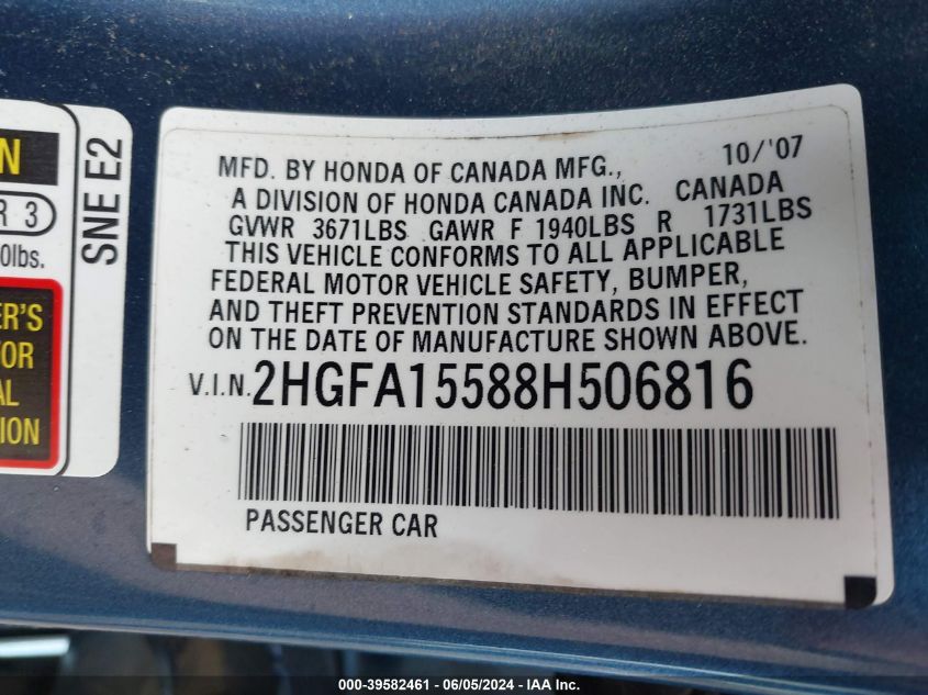 2008 Honda Civic Lx VIN: 2HGFA15588H506816 Lot: 39582461