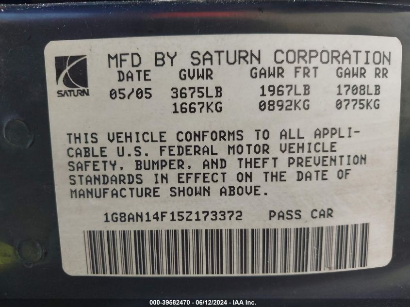 2005 Saturn Ion 2 VIN: 1G8AN14F15Z173372 Lot: 39582470