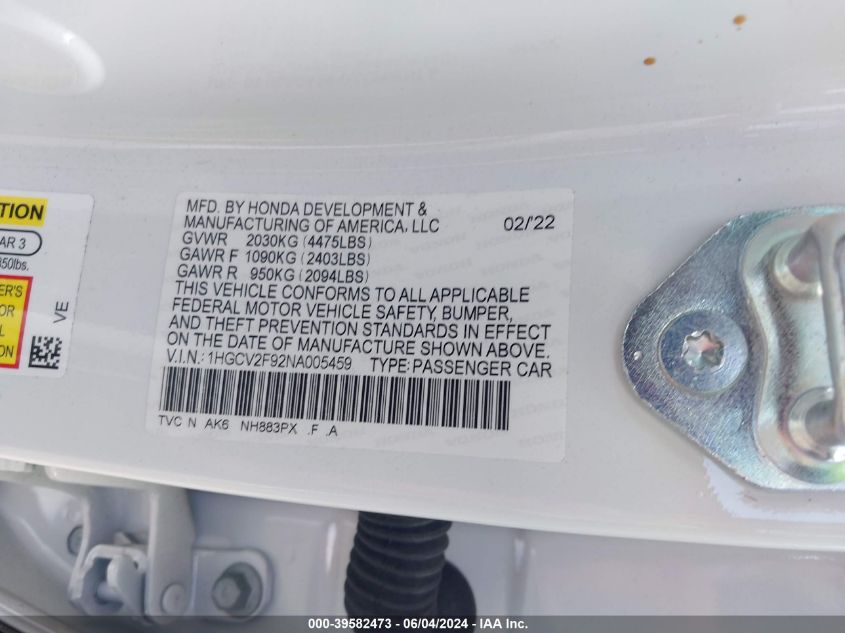 2022 Honda Accord Touring VIN: 1HGCV2F92NA005459 Lot: 39582473