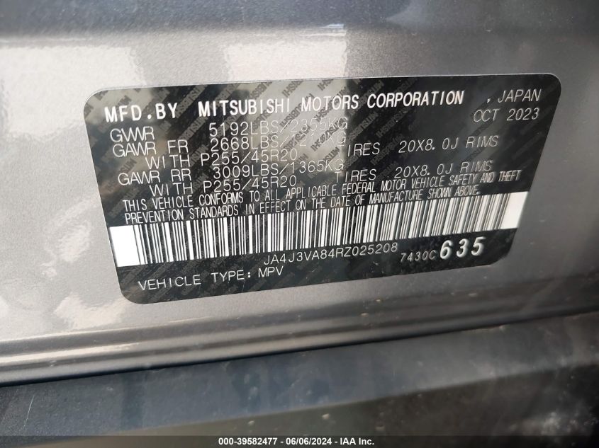 2024 Mitsubishi Outlander Se 2.5 2Wd/Se Black Edition S-Awc/Se Black Edition W/Pano Roof VIN: JA4J3VA84RZ025208 Lot: 39582477