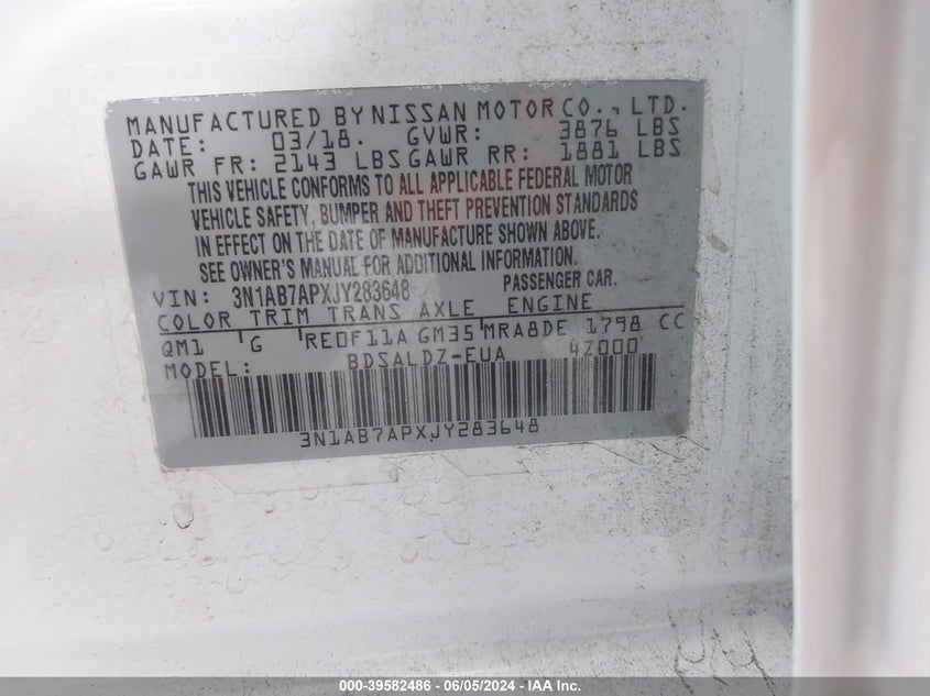 2018 Nissan Sentra Sv VIN: 3N1AB7APXJY283648 Lot: 39582486