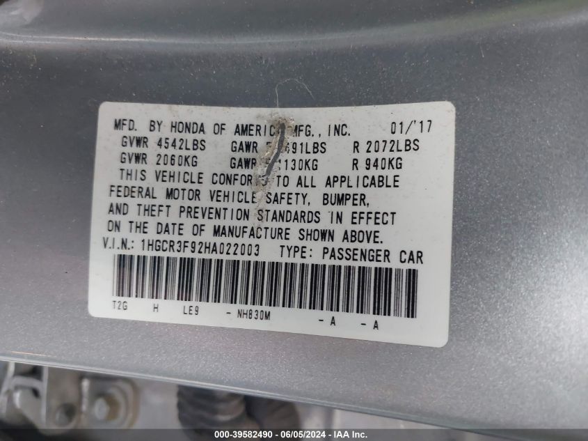 1HGCR3F92HA022003 2017 Honda Accord Touring V6