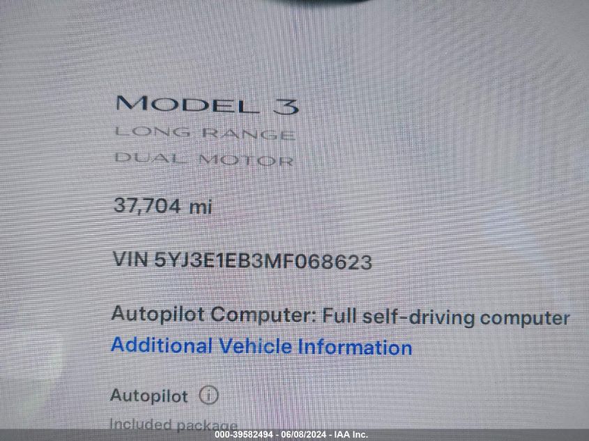 2021 Tesla Model 3 Long Range Dual Motor All-Wheel Drive VIN: 5YJ3E1EB3MF068623 Lot: 39582494