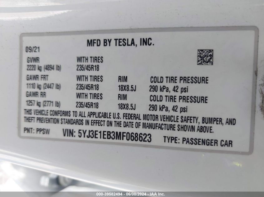 2021 Tesla Model 3 Long Range Dual Motor All-Wheel Drive VIN: 5YJ3E1EB3MF068623 Lot: 39582494