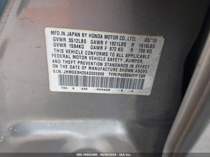 2010 Honda Fit VIN: JHMGE8H25AS003808 Lot: 39582495