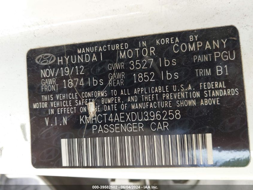 2013 Hyundai Accent Gls VIN: KMHCT4AEXDU396258 Lot: 39582502