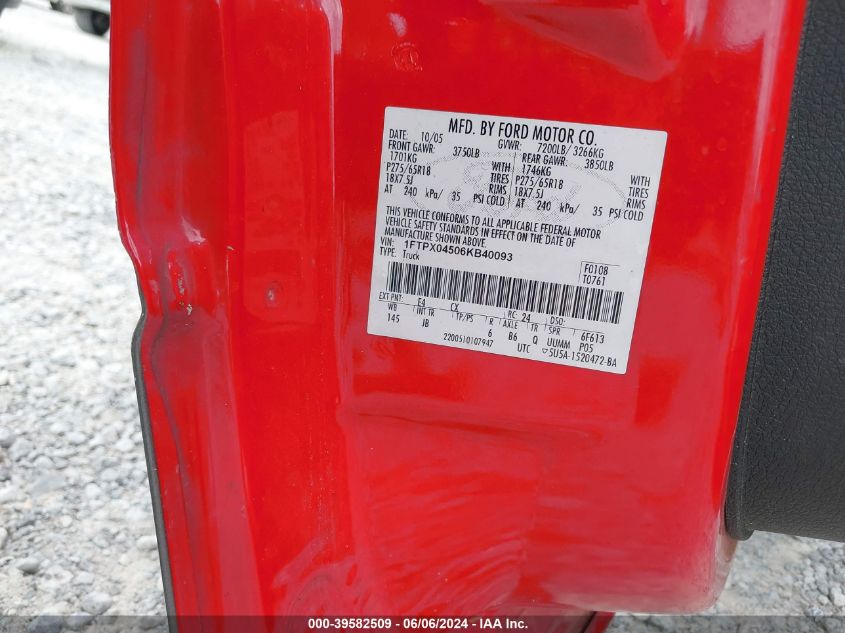 2006 Ford F-150 Fx4/Xlt VIN: 1FTPX04506KB40093 Lot: 39582509