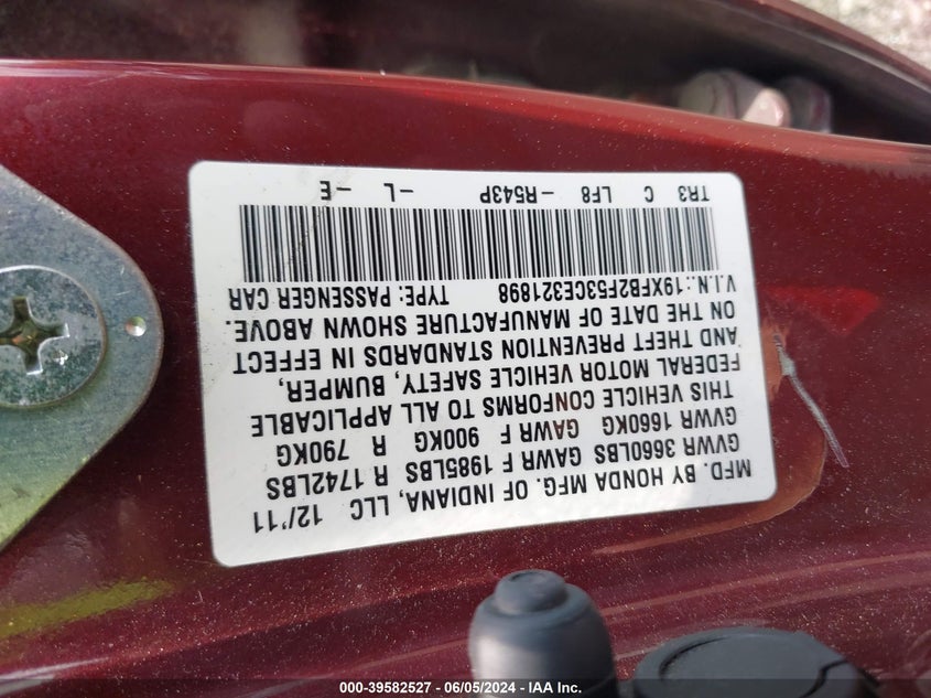 2012 Honda Civic Lx VIN: 19XFB2F53CE321898 Lot: 39582527