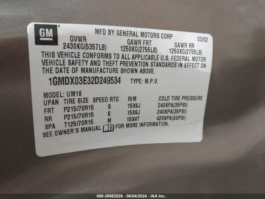 2002 Pontiac Montana M16 W/1Sa Pkg. VIN: 1GMDX03E32D249534 Lot: 39582528