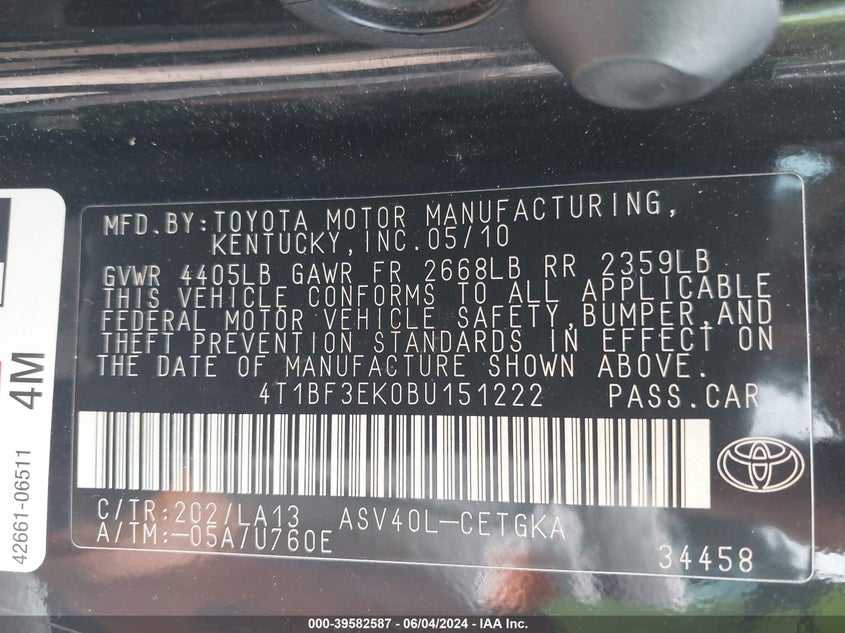 2011 TOYOTA CAMRY VIN: 4T1BF3EK0BU151222
