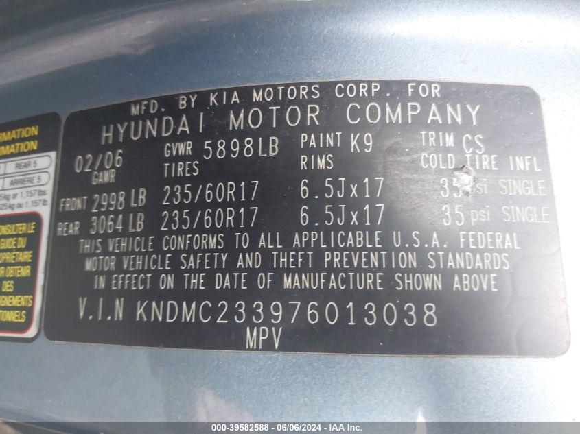 2007 Hyundai Entourage Gls/Limited/Se VIN: KNDMC233976013038 Lot: 39582588