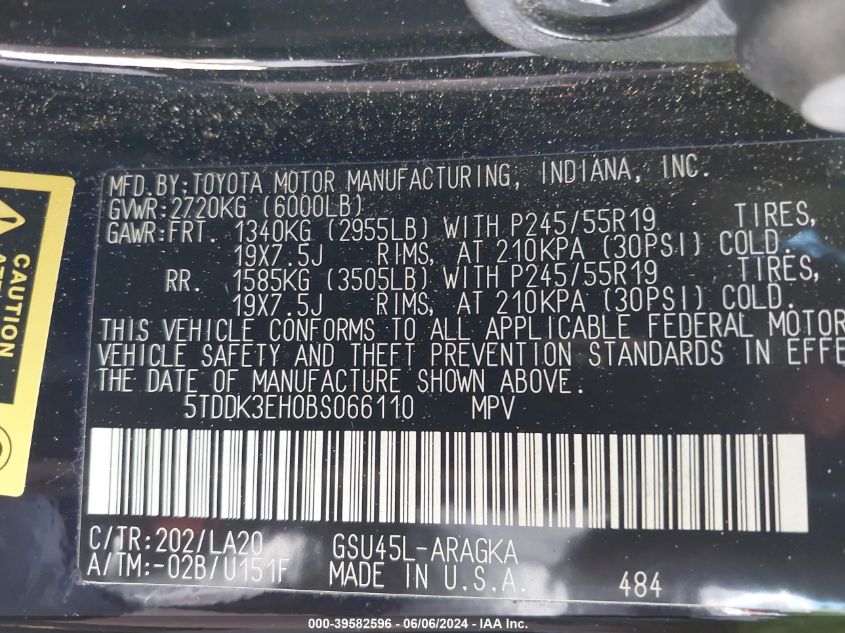 2011 Toyota Highlander Limited V6 VIN: 5TDDK3EH0BS066110 Lot: 39582596