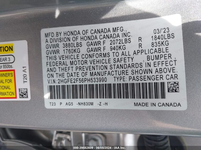 2023 Honda Civic Sport VIN: 2HGFE2F56PH533990 Lot: 39582609