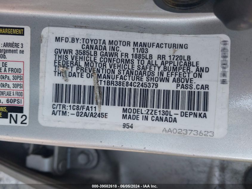 2004 Toyota Corolla Le VIN: 2T1BR38E84C245379 Lot: 39582618