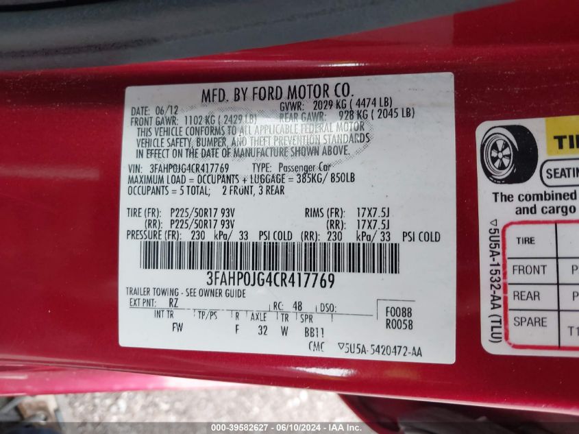 2012 Ford Fusion Sel VIN: 3FAHP0JG4CR417769 Lot: 39582627