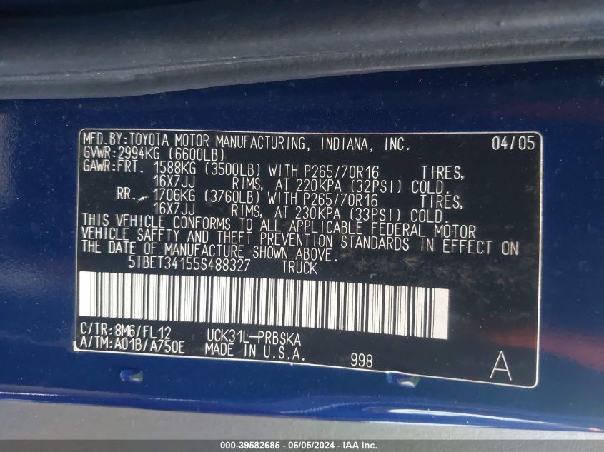 2005 Toyota Tundra Sr5 V8 VIN: 5TBET34155S488327 Lot: 39582685