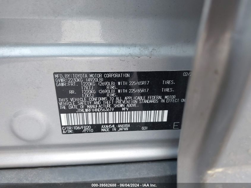 2022 Toyota Rav4 Le Hybrid VIN: JTMLWRFV4ND563619 Lot: 39582688