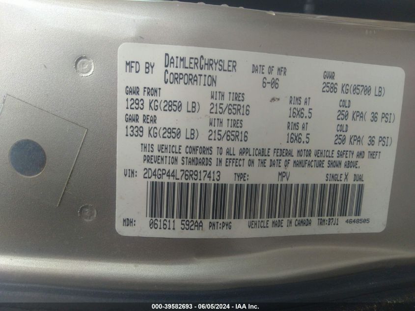 2006 Dodge Grand Caravan Sxt VIN: 2D4GP44L76R917413 Lot: 39582693