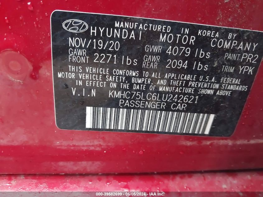 2020 Hyundai Ioniq Hybrid Se VIN: KMHC75LC6LU242621 Lot: 39582699