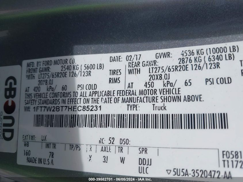 2017 Ford F-250 Platinum VIN: 1FT7W2BT7HEC85231 Lot: 39582701