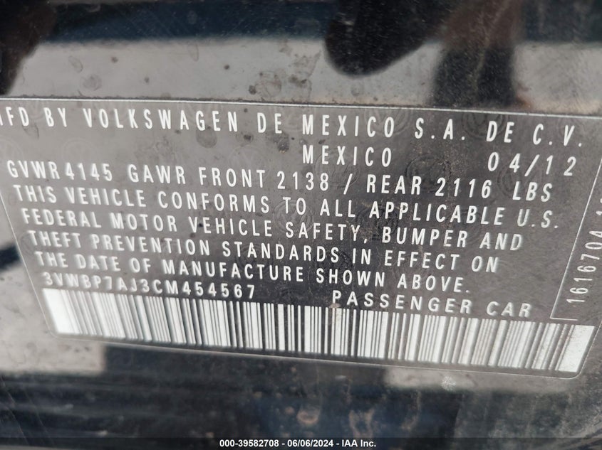 2012 Volkswagen Jetta 2.5L Se VIN: 3VWBP7AJ3CM454567 Lot: 39582708
