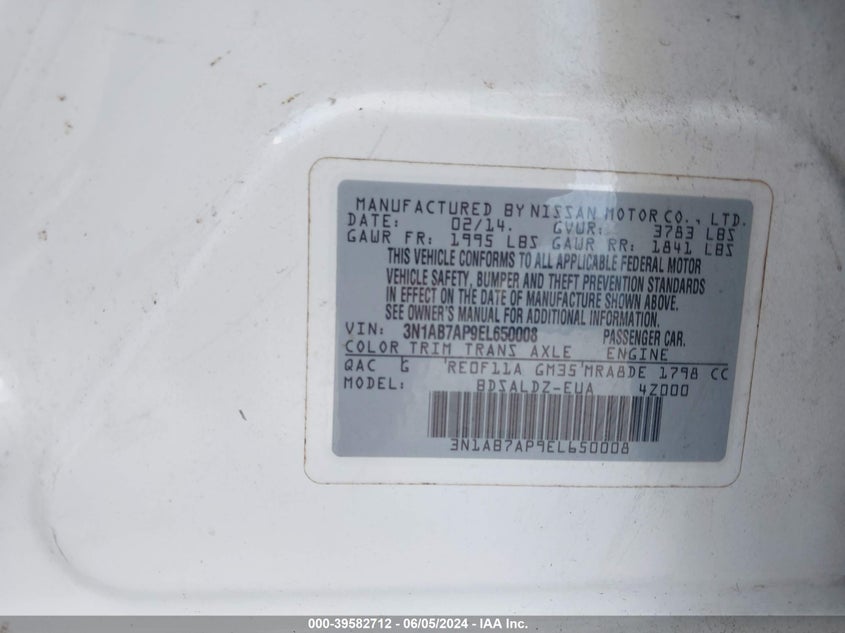 2014 Nissan Sentra Fe+ S/Fe+ Sv/S/Sl/Sr/Sv VIN: 3N1AB7AP9EL650008 Lot: 39582712