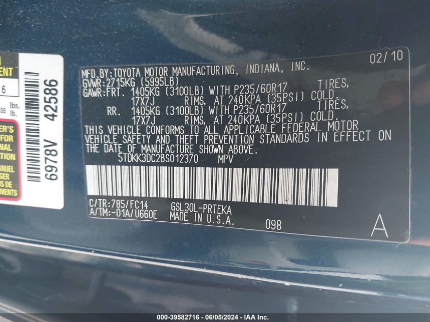 2011 Toyota Sienna Le V6 VIN: 5TDKK3DC2BS012370 Lot: 39582716