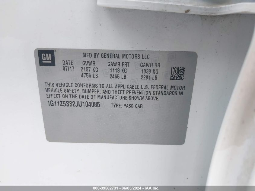 2018 Chevrolet Impala Ls VIN: 1G11Z5S32JU104085 Lot: 39582731