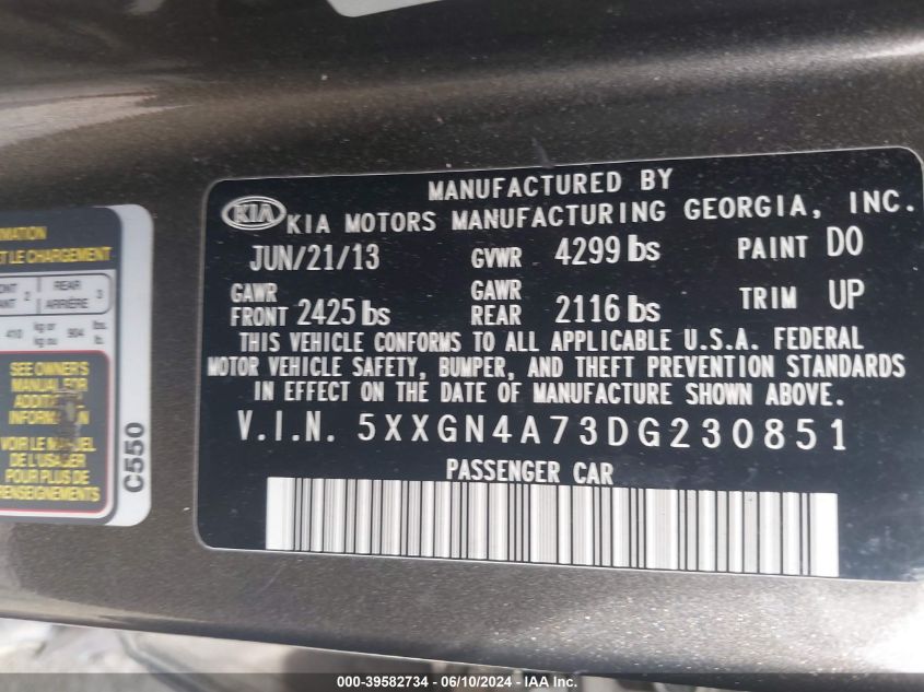 2013 Kia Optima Ex VIN: 5XXGN4A73DG230851 Lot: 39582734