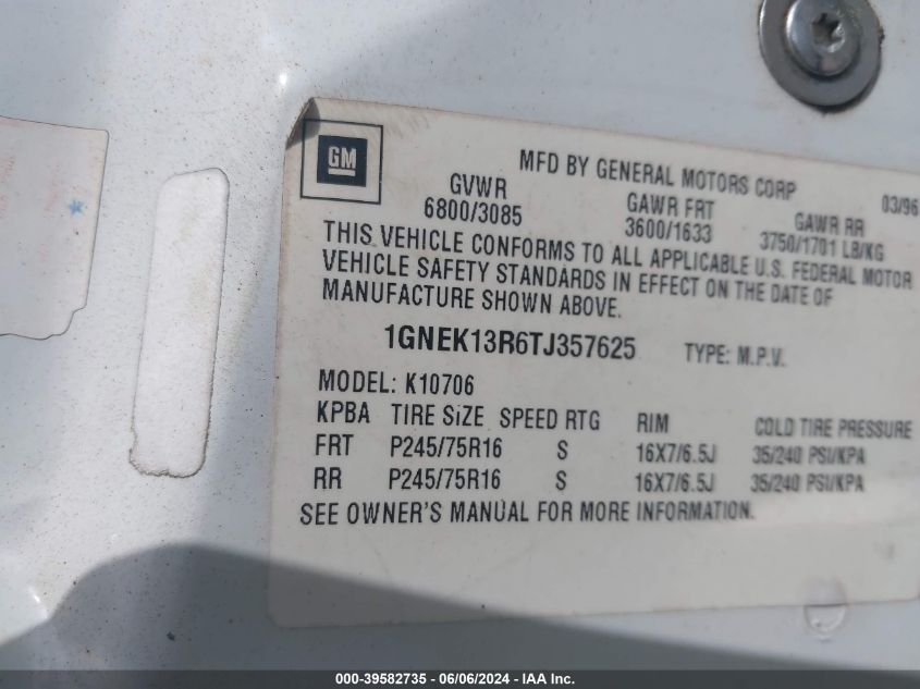 1996 Chevrolet Tahoe K1500 VIN: 1GNEK13R6TJ357625 Lot: 39582735